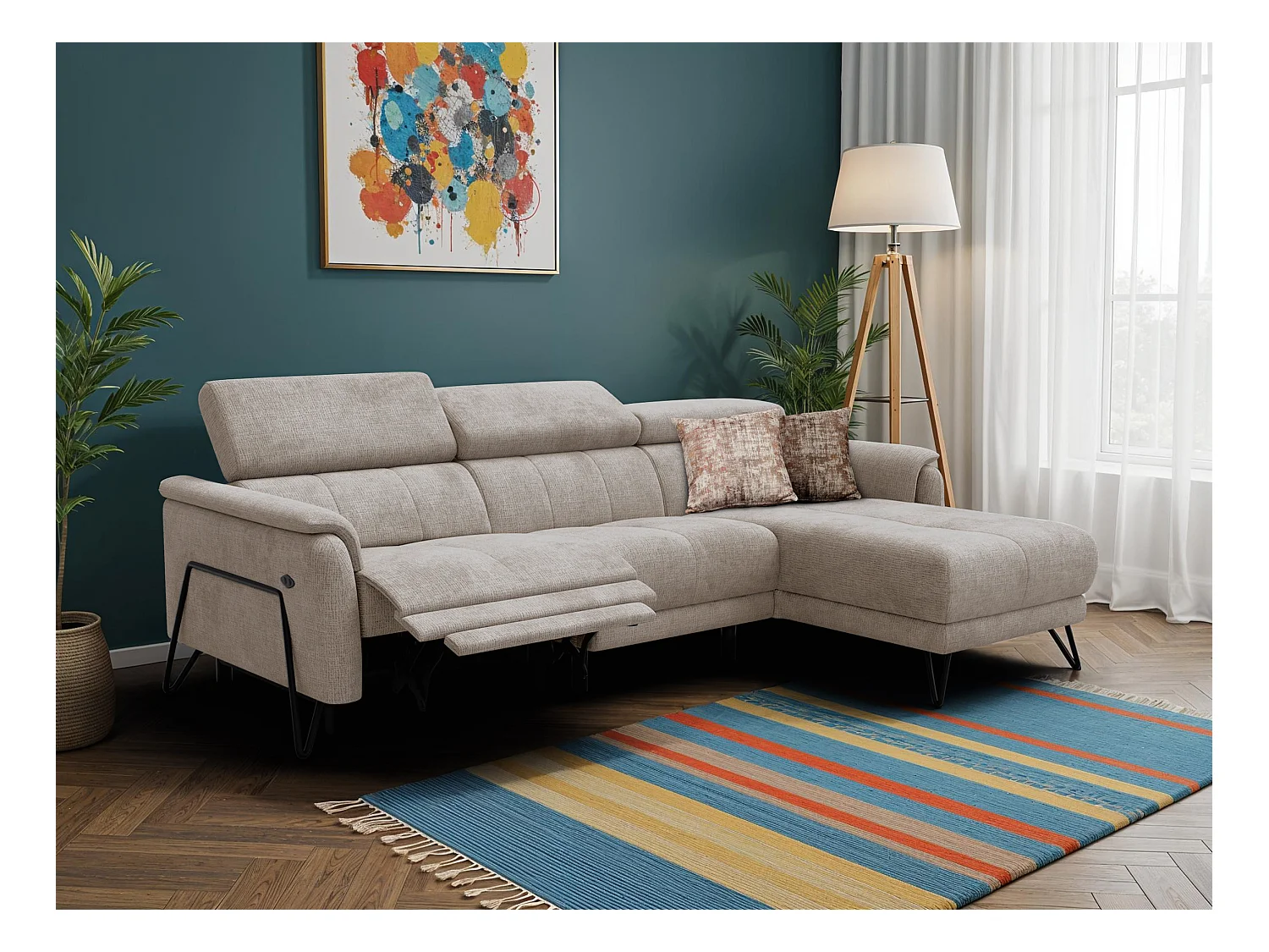 Canapé d'angle 4 places RODEN avec Relax, tissu beige