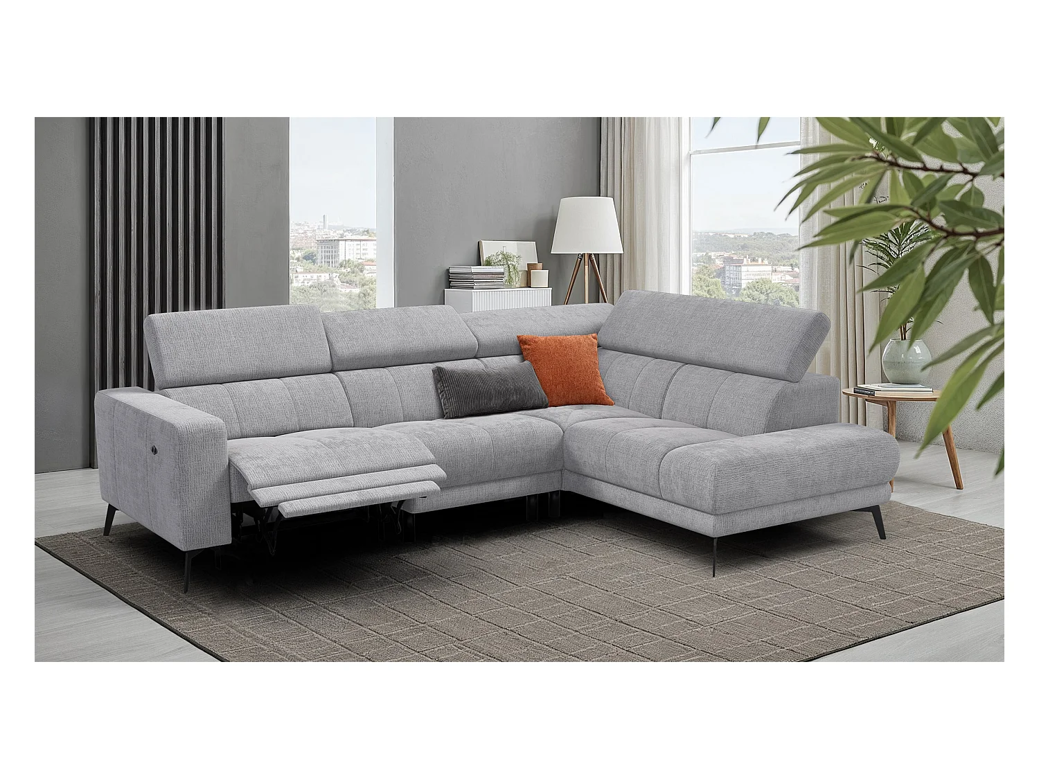 Canapé d'angle 5 places MORELLO avec 1 x Relax Zero Gravity, tissu gris clair