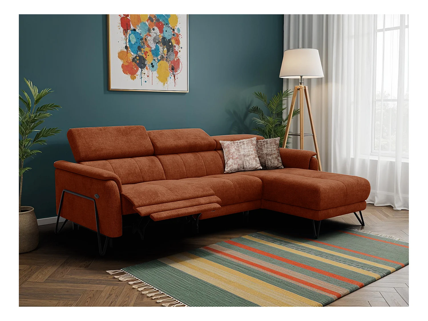 Canapé d'angle 4 places RODEN avec Relax, tissu orange foncé