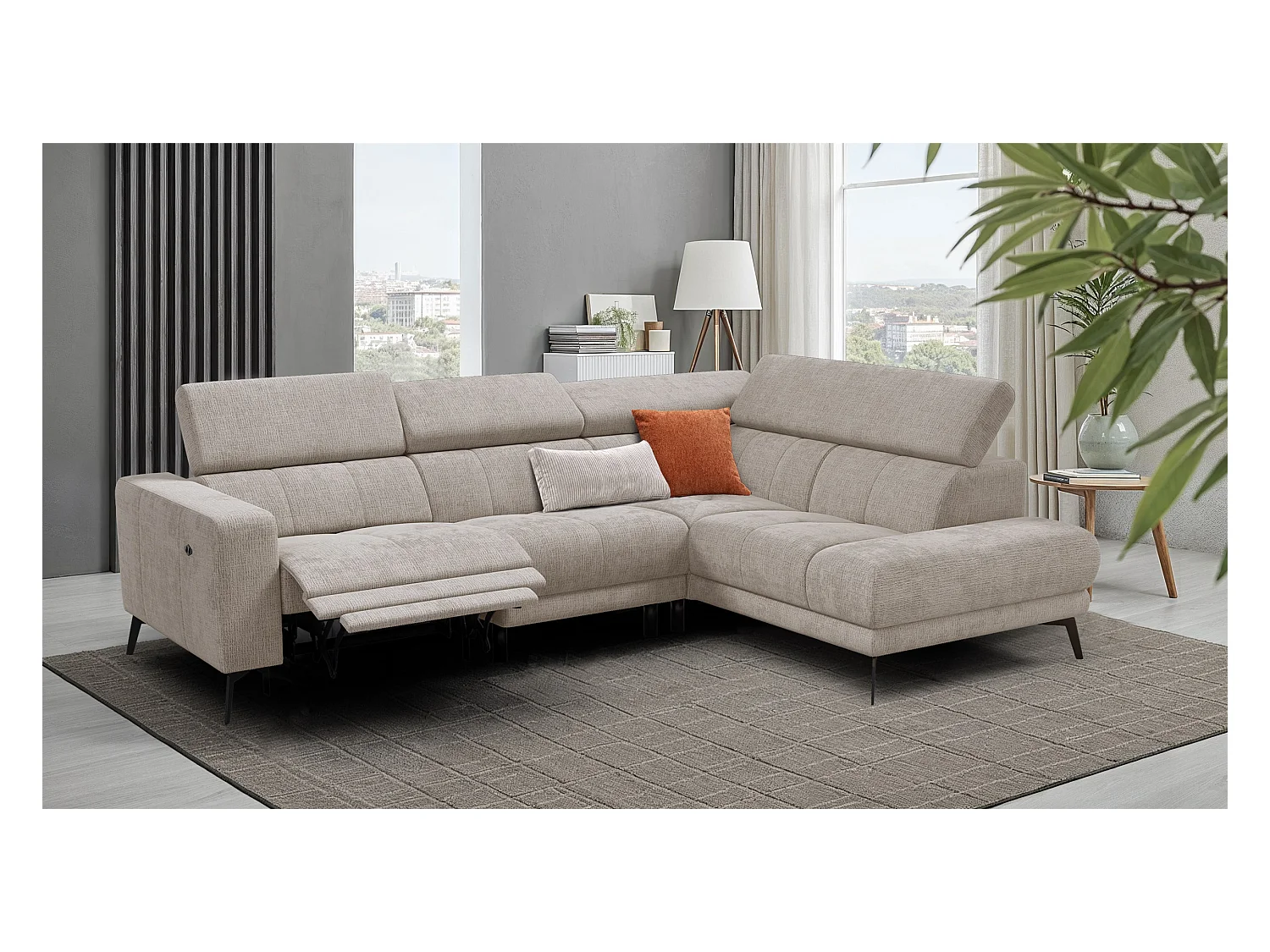 Canapé d'angle 5 places MORELLO avec 1 x Relax Zero Gravity, tissu beige