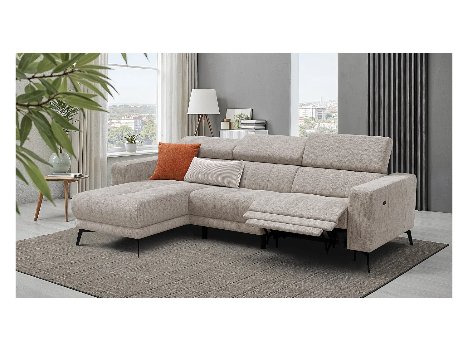 Canapé d'angle 4 places MORELLO avec 1 x Relax Zero Gravity, tissu beige