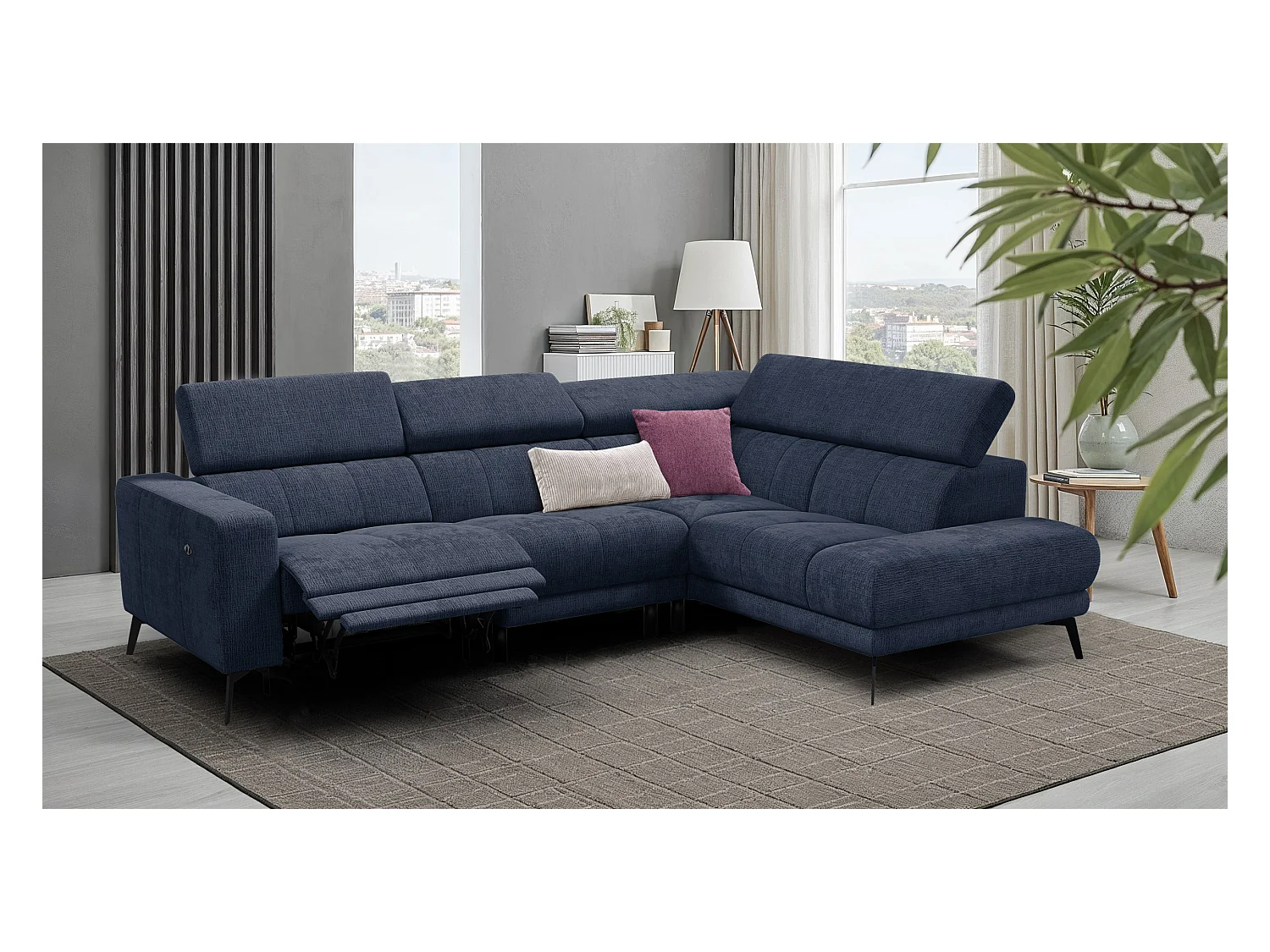 Canapé d'angle 5 places MORELLO avec 1 x Relax Zero Gravity, tissu bleu marine