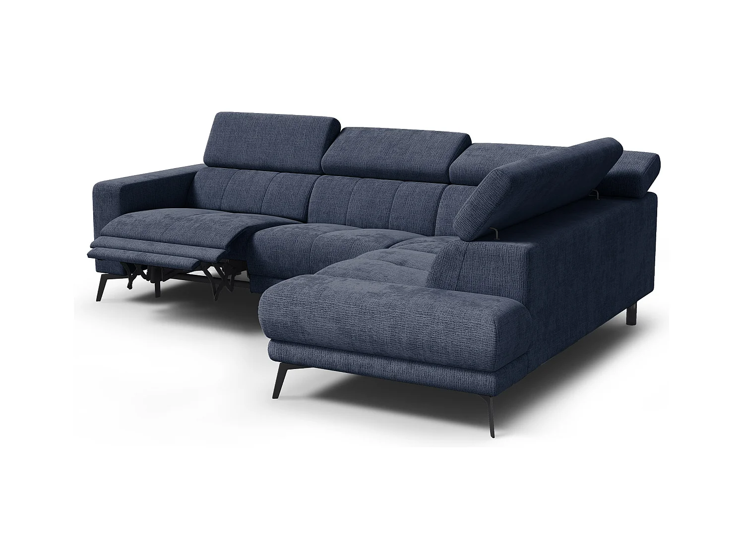 Canapé d'angle 5 places MORELLO avec 1 x Relax Zero Gravity, tissu bleu marine