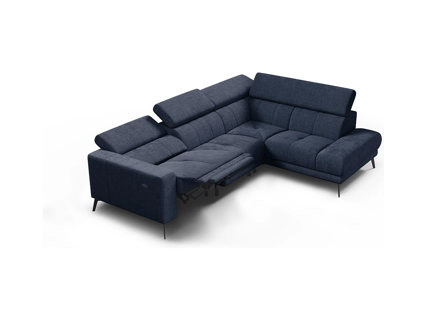 Canapé d'angle 5 places MORELLO avec 1 x Relax Zero Gravity, tissu bleu marine