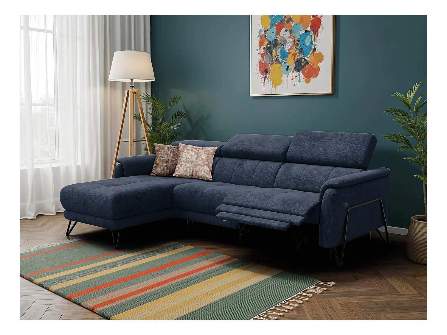 Canapé d'angle 4 places RODEN avec Relax, tissu bleu marine