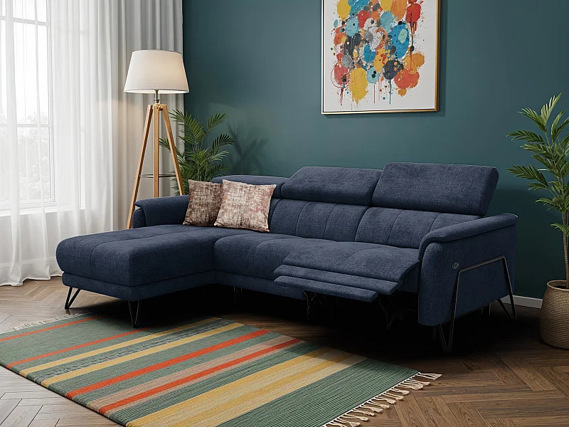 Canapé d'angle 4 places RODEN avec Relax, tissu bleu marine