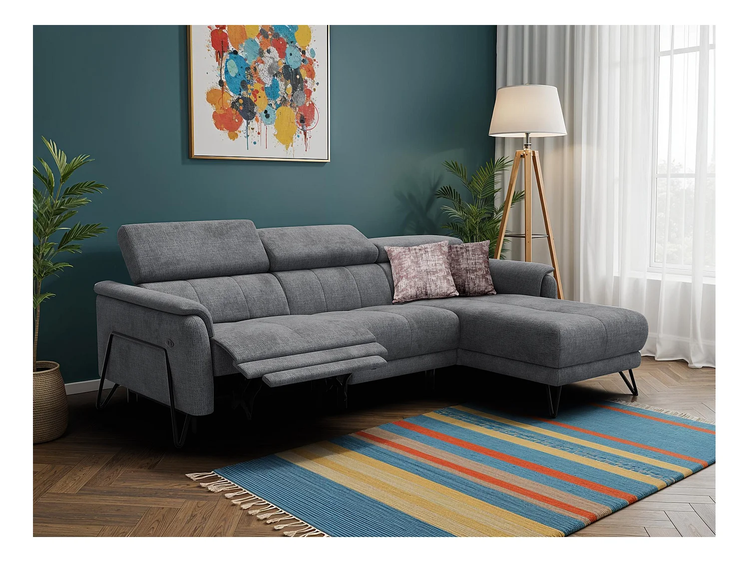 Canapé d'angle 4 places RODEN avec Relax, tissu gris foncé