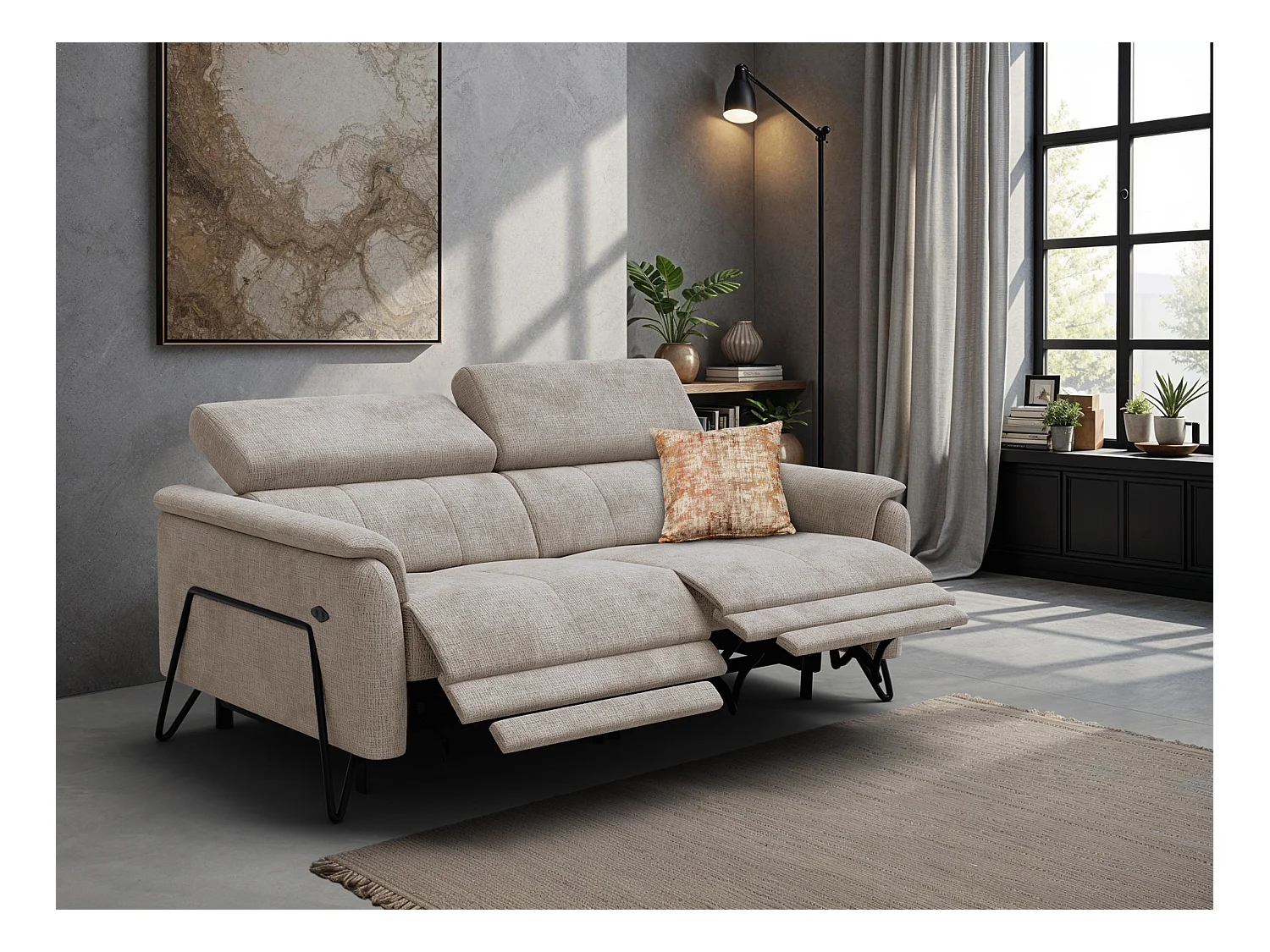 Canapé RODEN 3 places avec 2 Relax, tissu beige