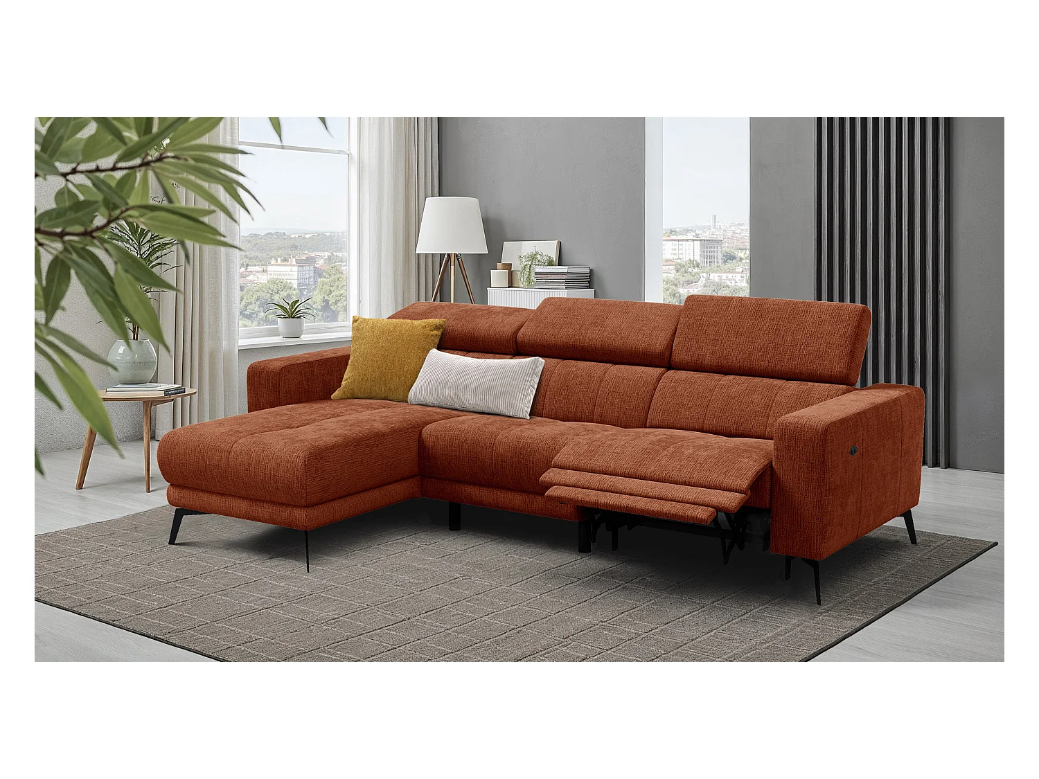 Canapé d'angle 4 places MORELLO avec 1 x Relax Zero Gravity, tissu orange foncé