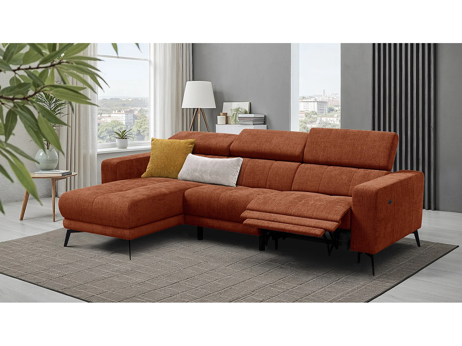 Canapé d'angle 4 places MORELLO avec 1 x Relax Zero Gravity, tissu orange foncé