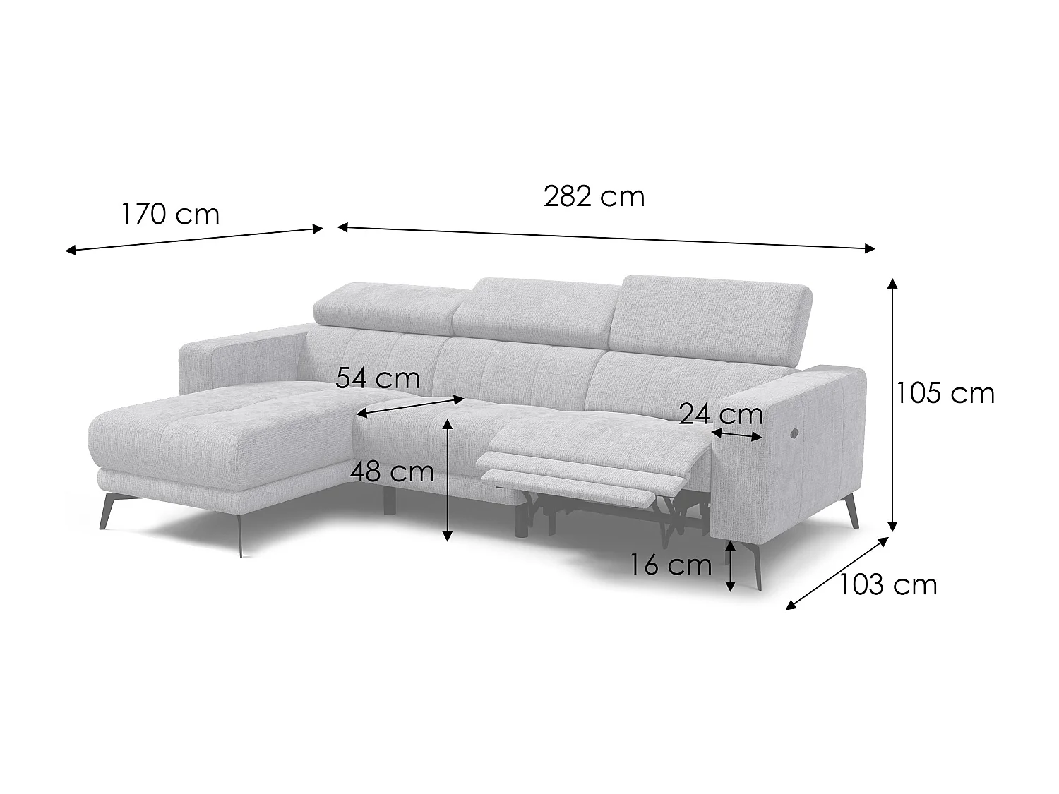 Canapé d'angle 4 places MORELLO avec 1 x Relax Zero Gravity, tissu orange foncé