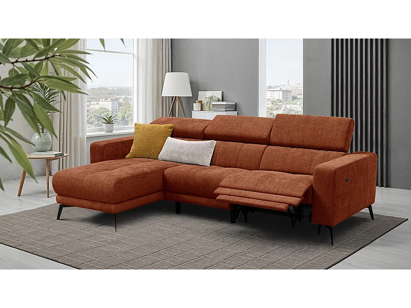 Canapé d'angle 4 places MORELLO avec 1 x Relax Zero Gravity, tissu orange foncé