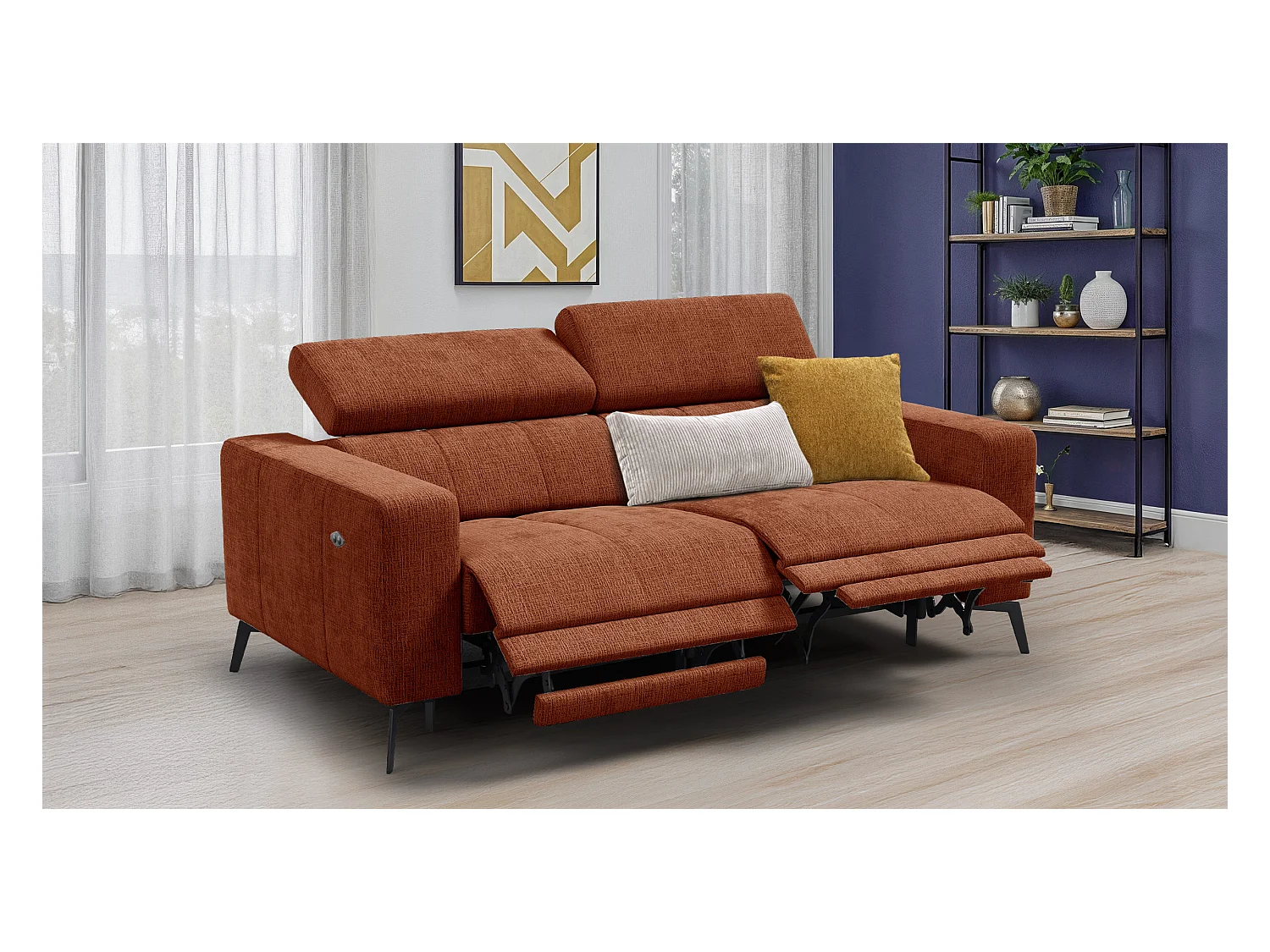 Canapé 3 places MORELLO avec 2 x Relax Zero Gravity, tissu orange foncé