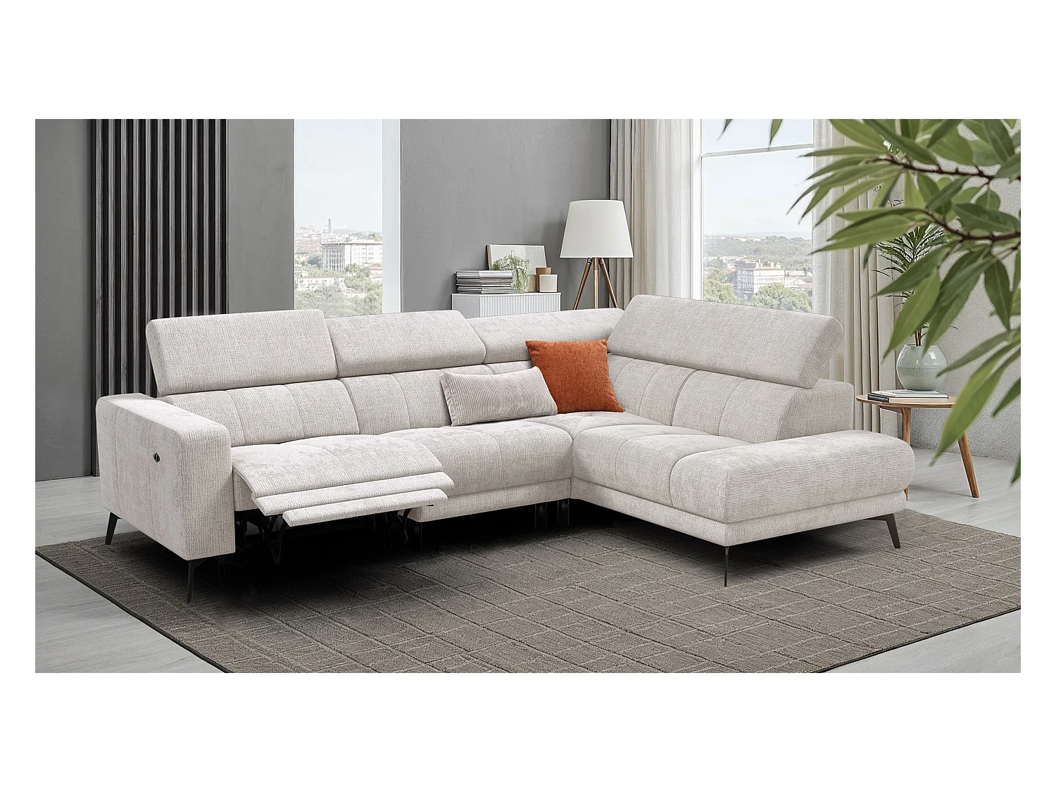 Canapé d'angle 5 places MORELLO avec 1 x Relax Zero Gravity, tissu crème