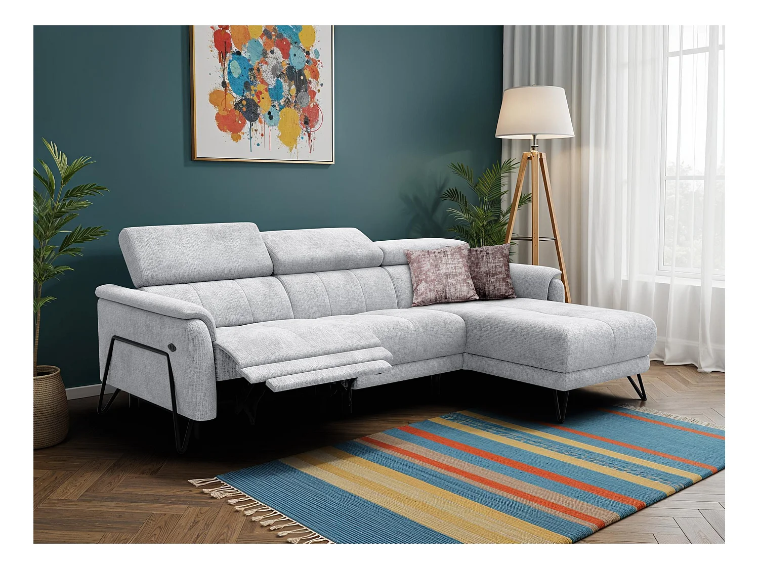 Canapé d'angle 4 places RODEN avec Relax, tissu gris clair