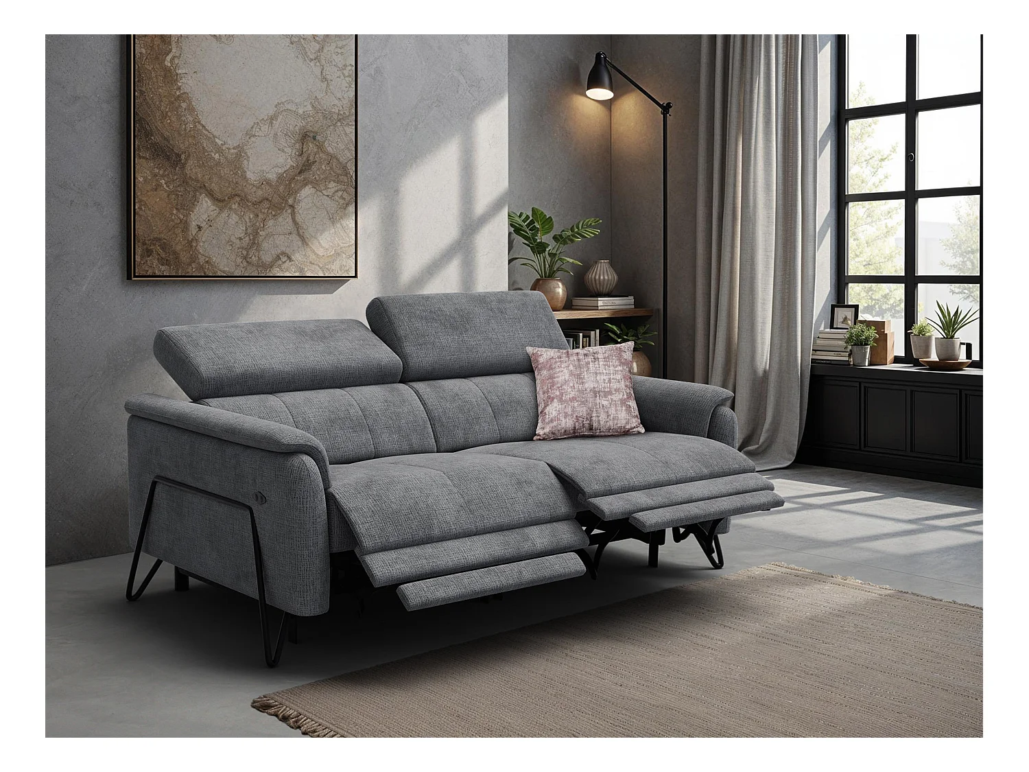 Canapé RODEN 3 places avec 2 Relax, tissu gris foncé