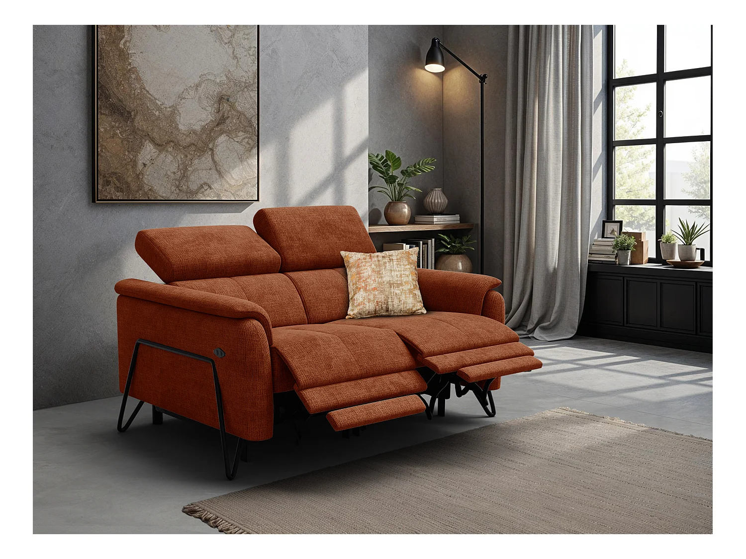 Canapé RODEN 2 places avec 2 Relax, tissu orange foncé
