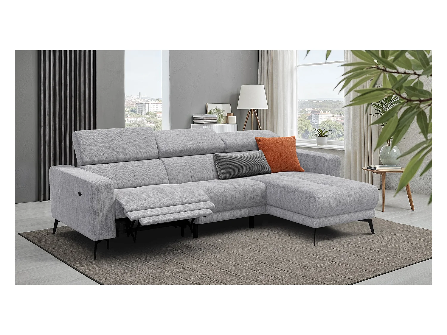 Canapé d'angle 4 places MORELLO avec 1 x Relax Zero Gravity, tissu gris clair