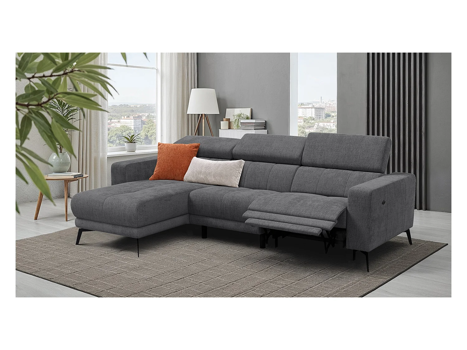 Canapé d'angle 4 places MORELLO avec 1 x Relax Zero Gravity, tissu gris foncé