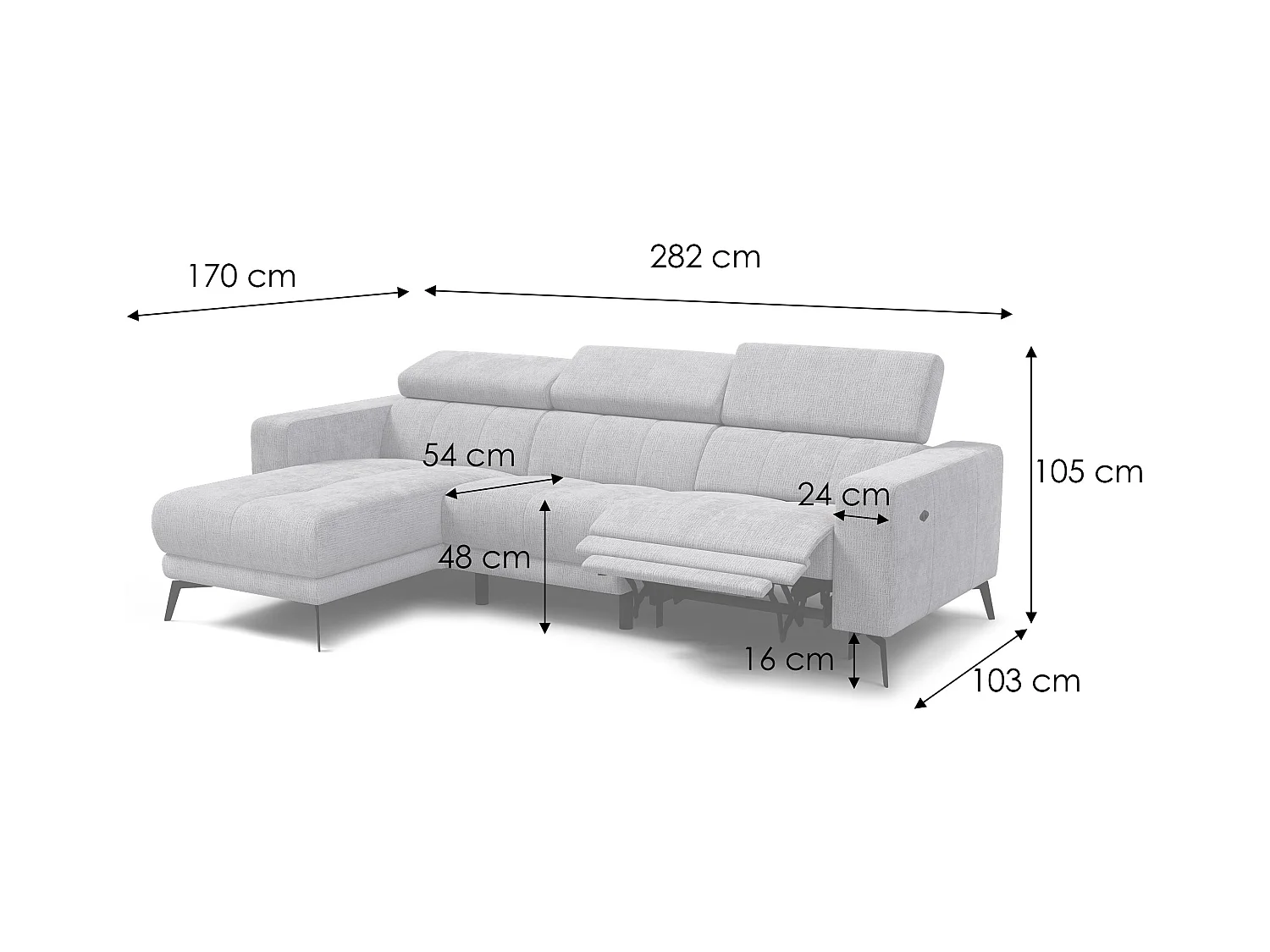 Canapé d'angle 4 places MORELLO avec 1 x Relax Zero Gravity, tissu gris foncé