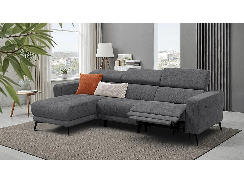 Canapé d'angle 4 places MORELLO avec 1 x Relax Zero Gravity, tissu gris foncé