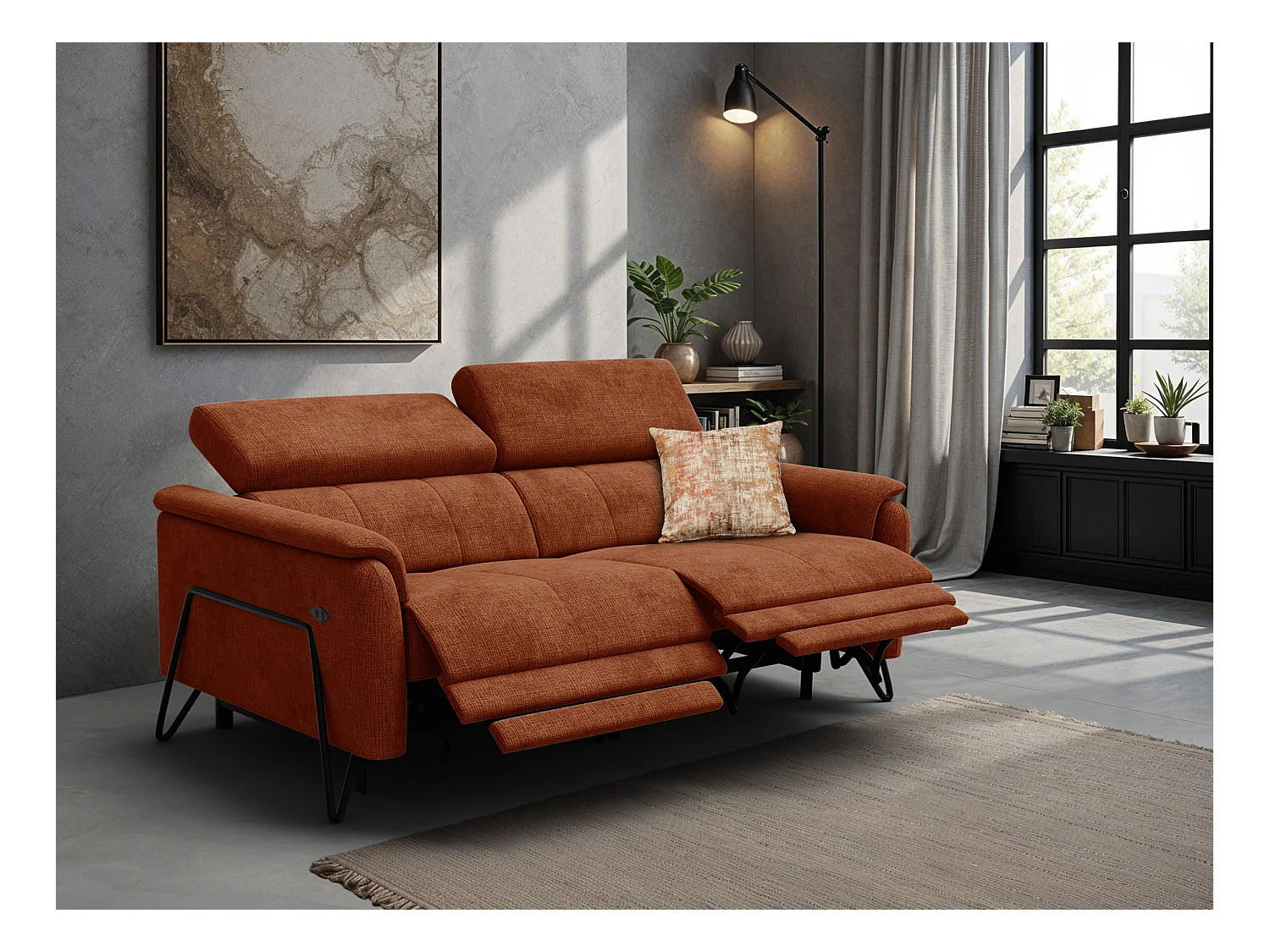 Canapé RODEN 3 places avec 2 Relax, tissu orange foncé