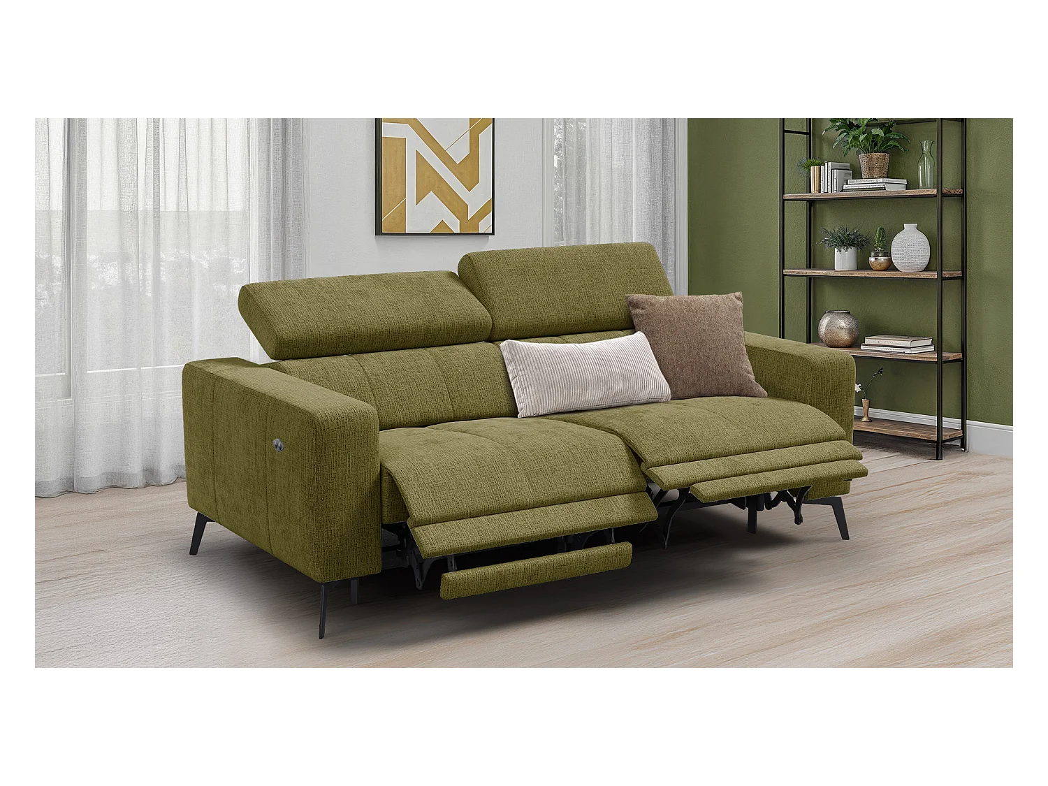 Canapé 3 places MORELLO avec 2 x Relax Zero Gravity, tissu olive