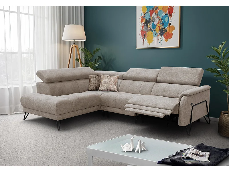 Canapé d'angle 5 places RODEN avec Relax, tissu beige