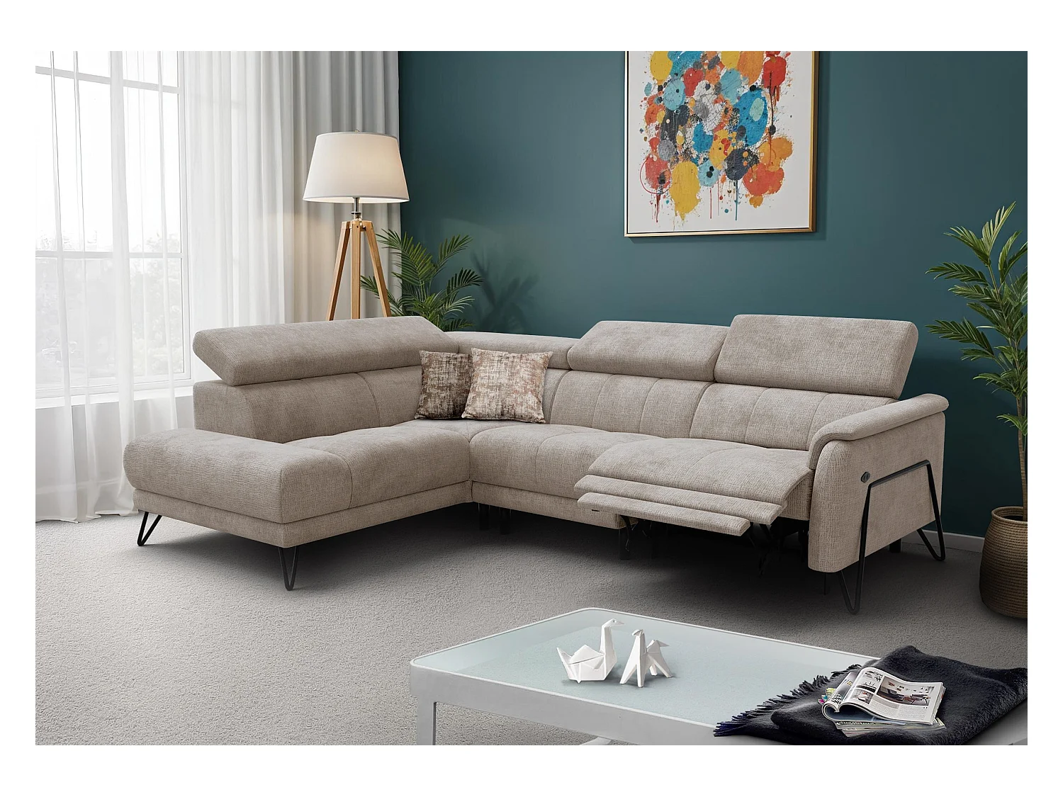 Canapé d'angle 5 places RODEN avec Relax, tissu beige