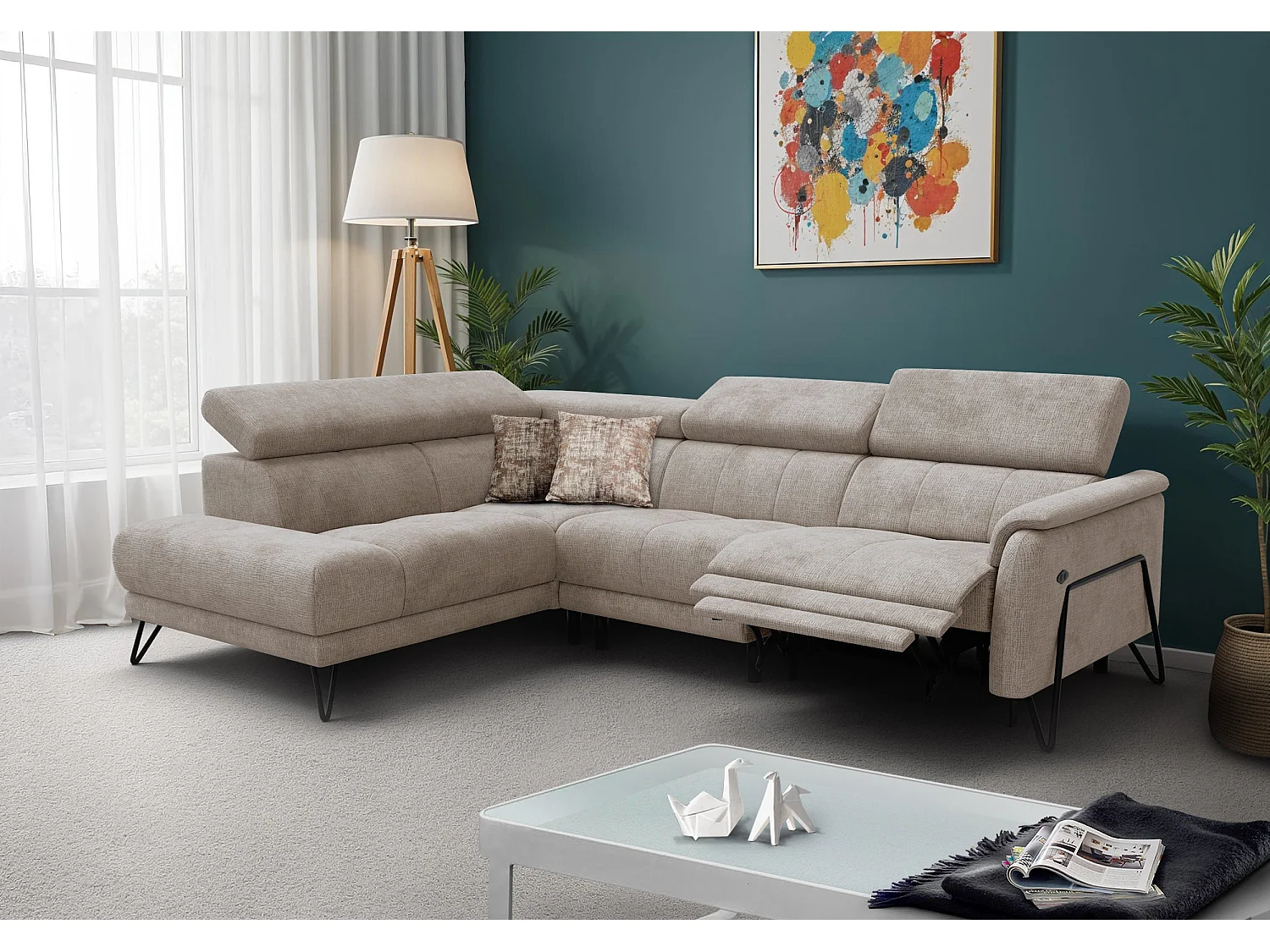 Canapé d'angle 5 places RODEN avec Relax, tissu beige