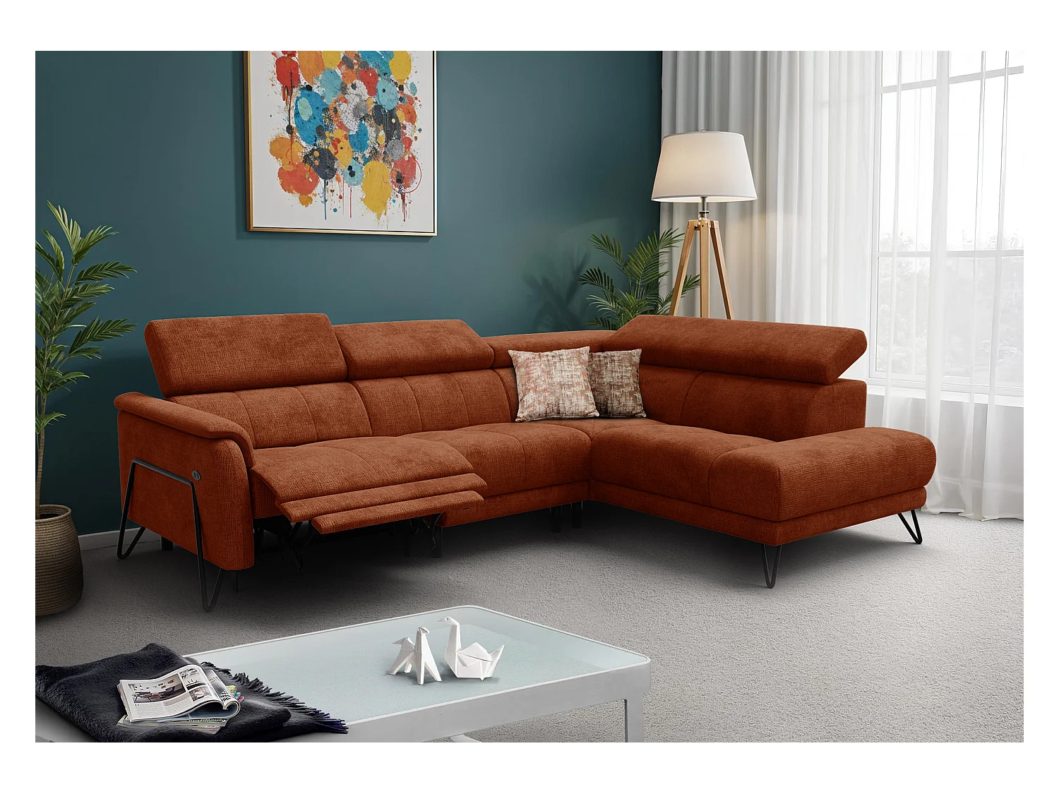 Canapé d'angle 5 places RODEN avec Relax, tissu orange foncé