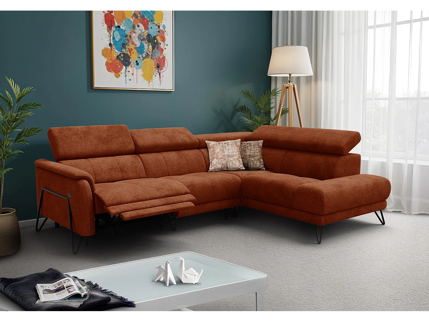 Canapé d'angle 5 places RODEN avec Relax, tissu orange foncé