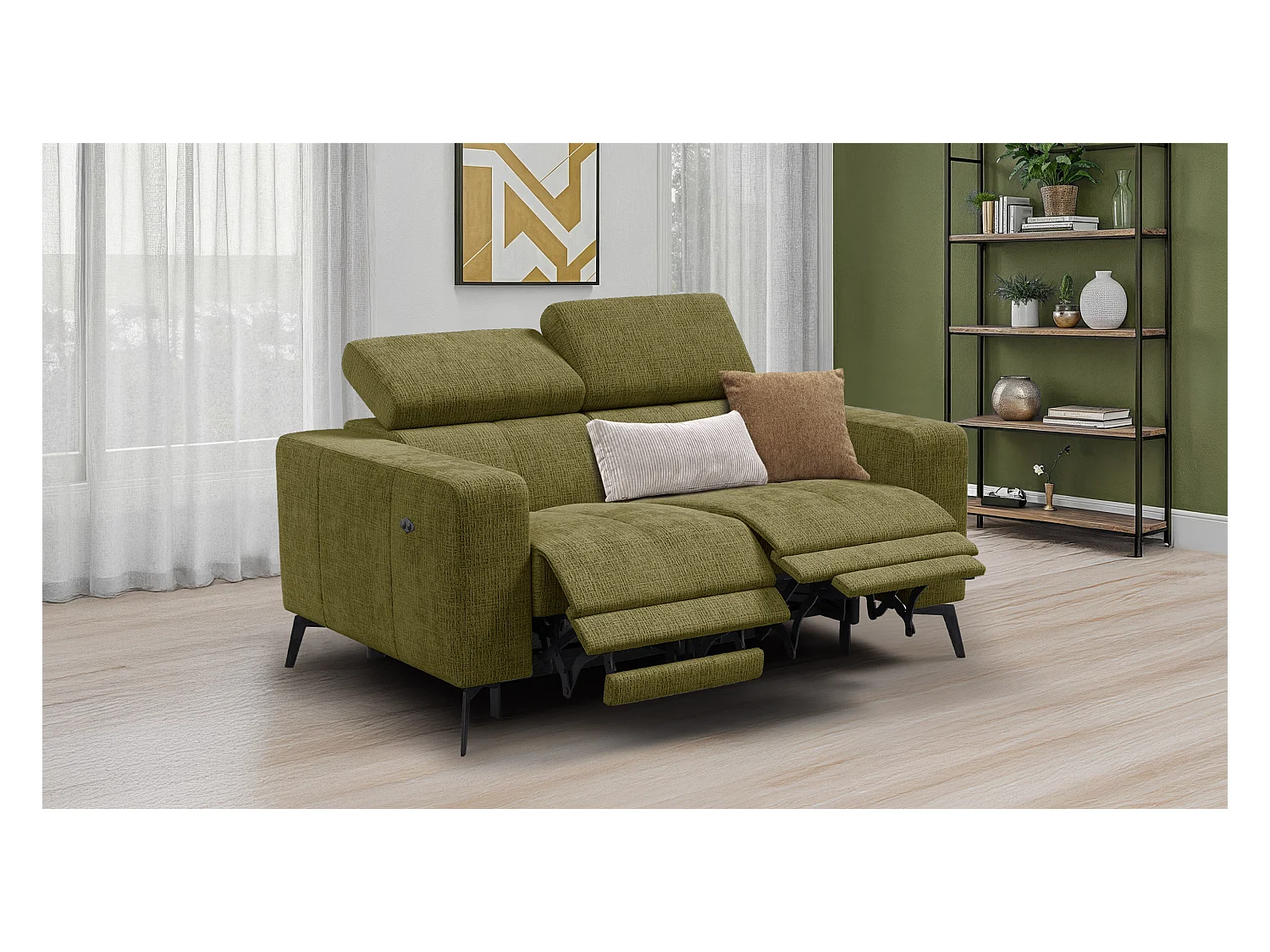 Canapé 2 places MORELLO avec 2 x Relax Zero Gravity, tissu olive