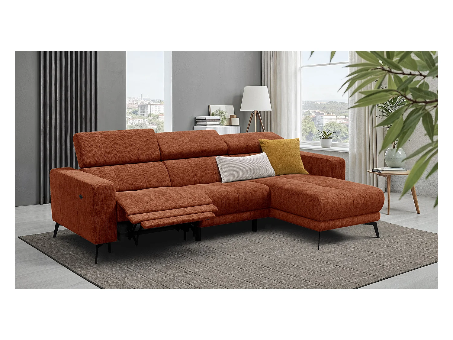 Canapé d'angle 4 places MORELLO avec 1 x Relax Zero Gravity, tissu orange foncé