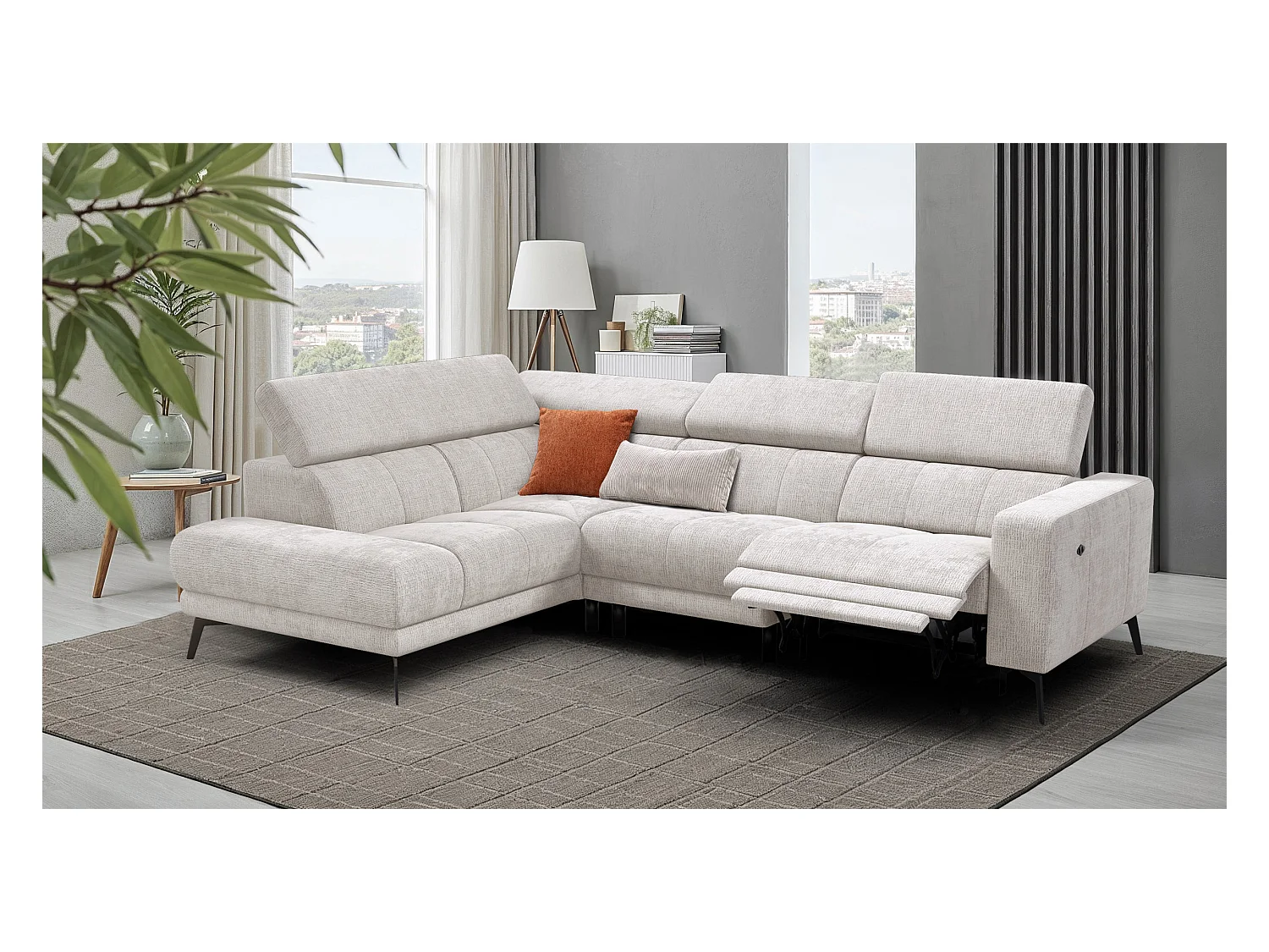 Canapé d'angle 5 places MORELLO avec 1 x Relax Zero Gravity, tissu crème