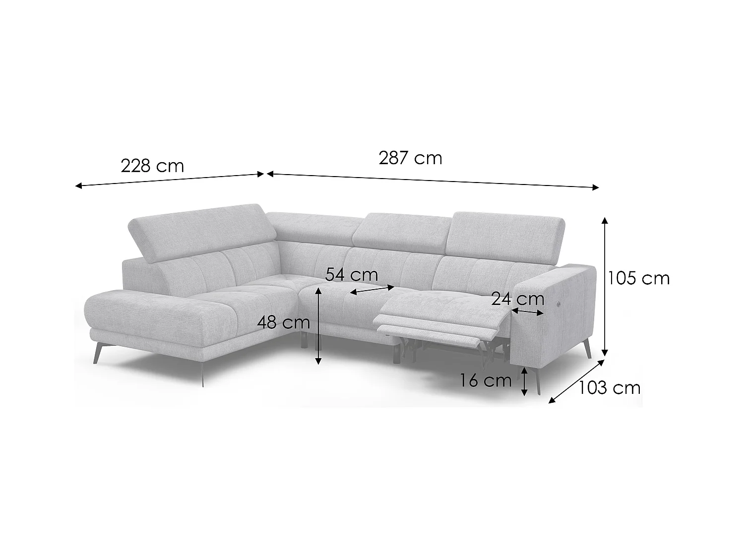 Canapé d'angle 5 places MORELLO avec 1 x Relax Zero Gravity, tissu crème