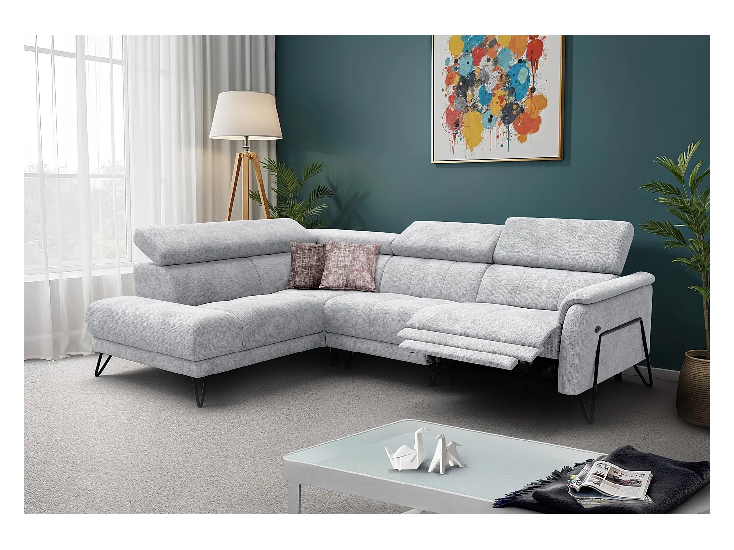 Canapé d'angle 5 places RODEN avec Relax, tissu gris clair