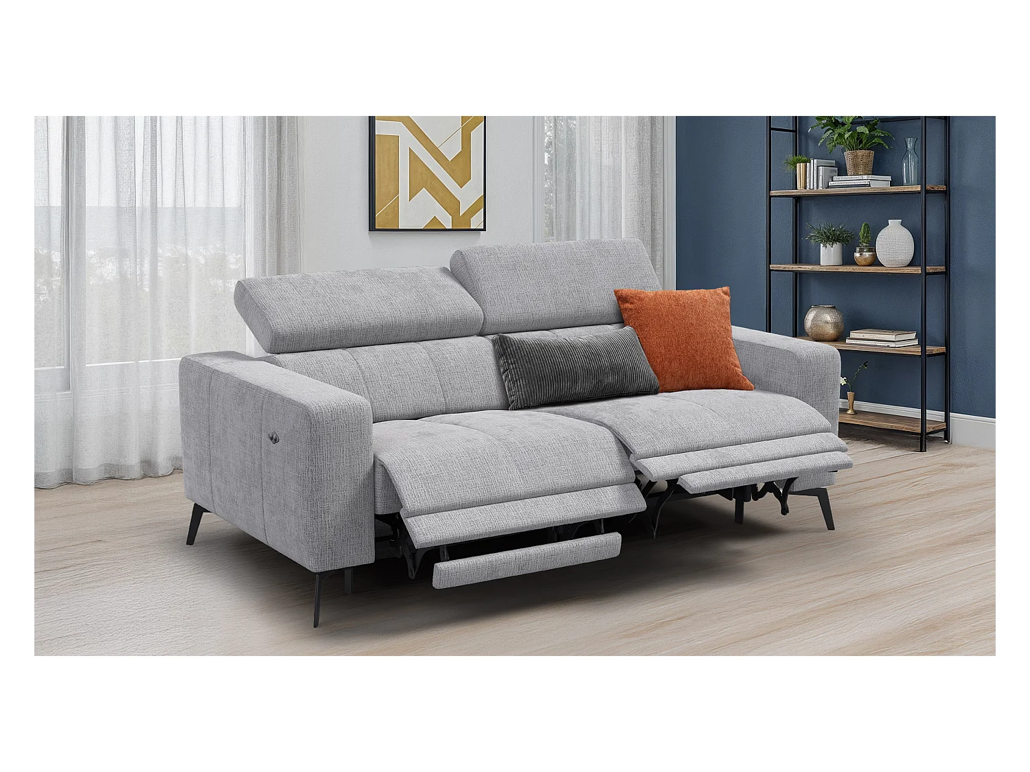 Canapé 3 places MORELLO avec 2 x Relax Zero Gravity, tissu gris clair