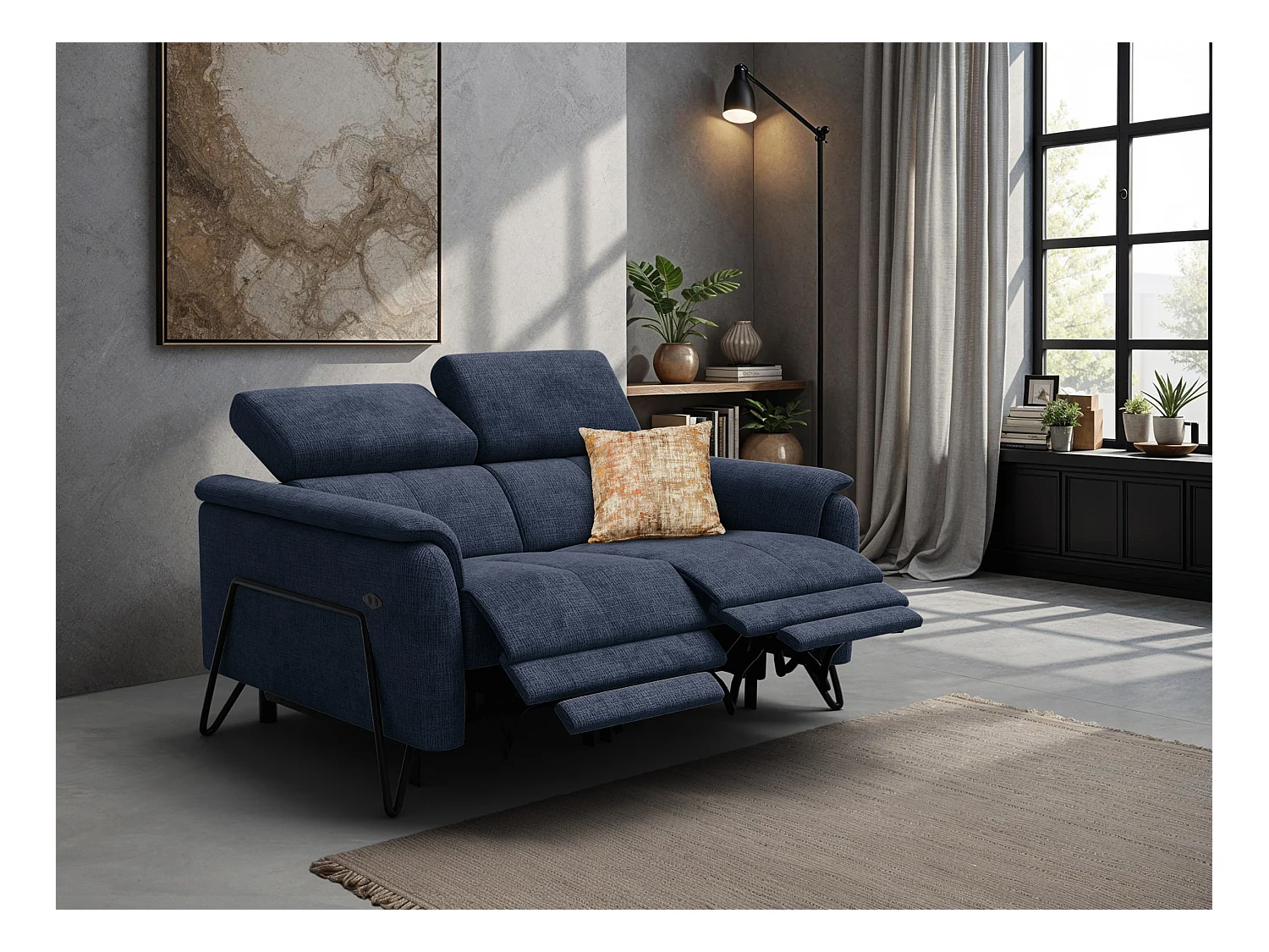 Canapé RODEN 2 places avec 2 Relax, tissu bleu marine