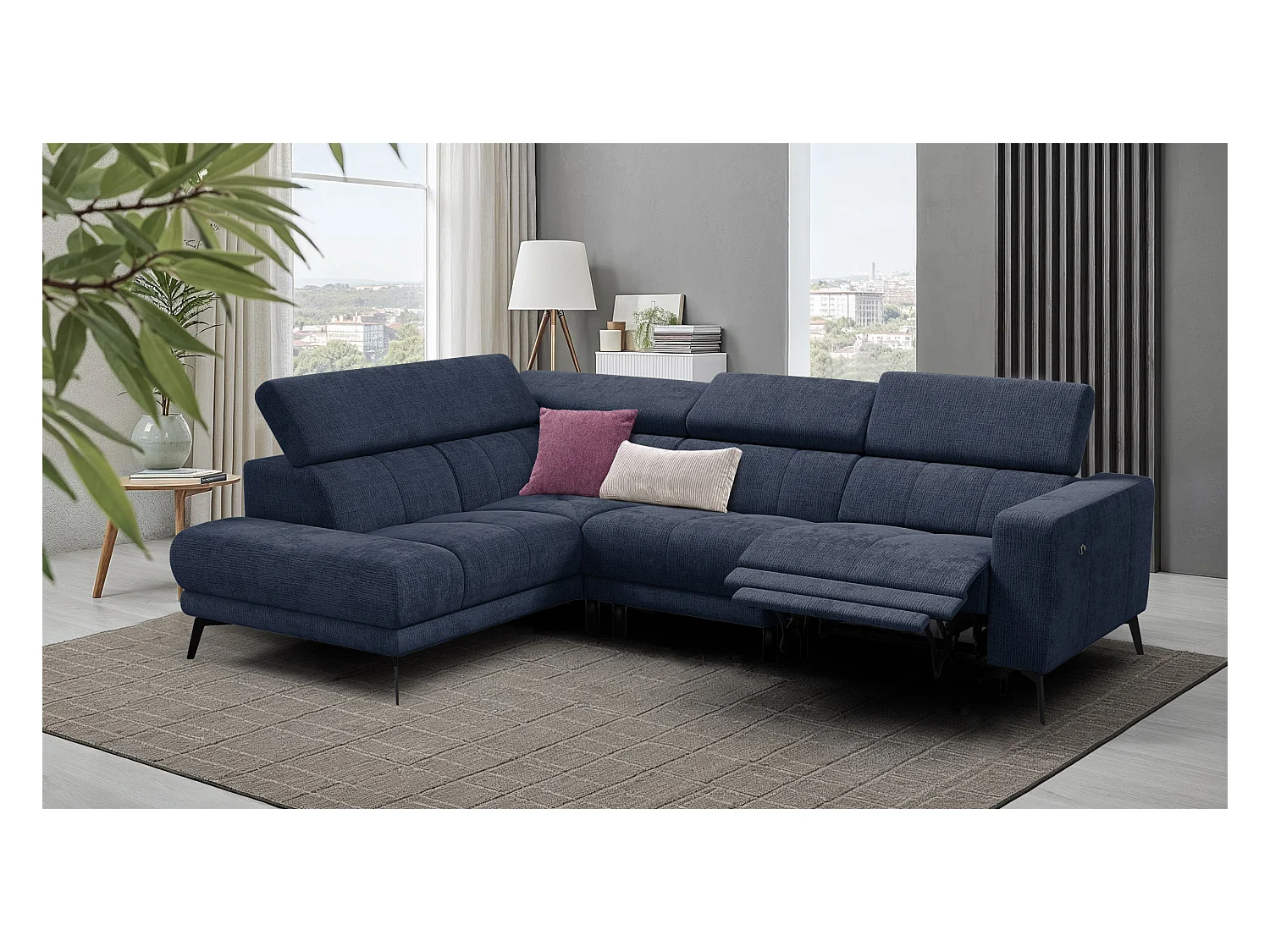 Canapé d'angle 5 places MORELLO avec 1 x Relax Zero Gravity, tissu bleu marine