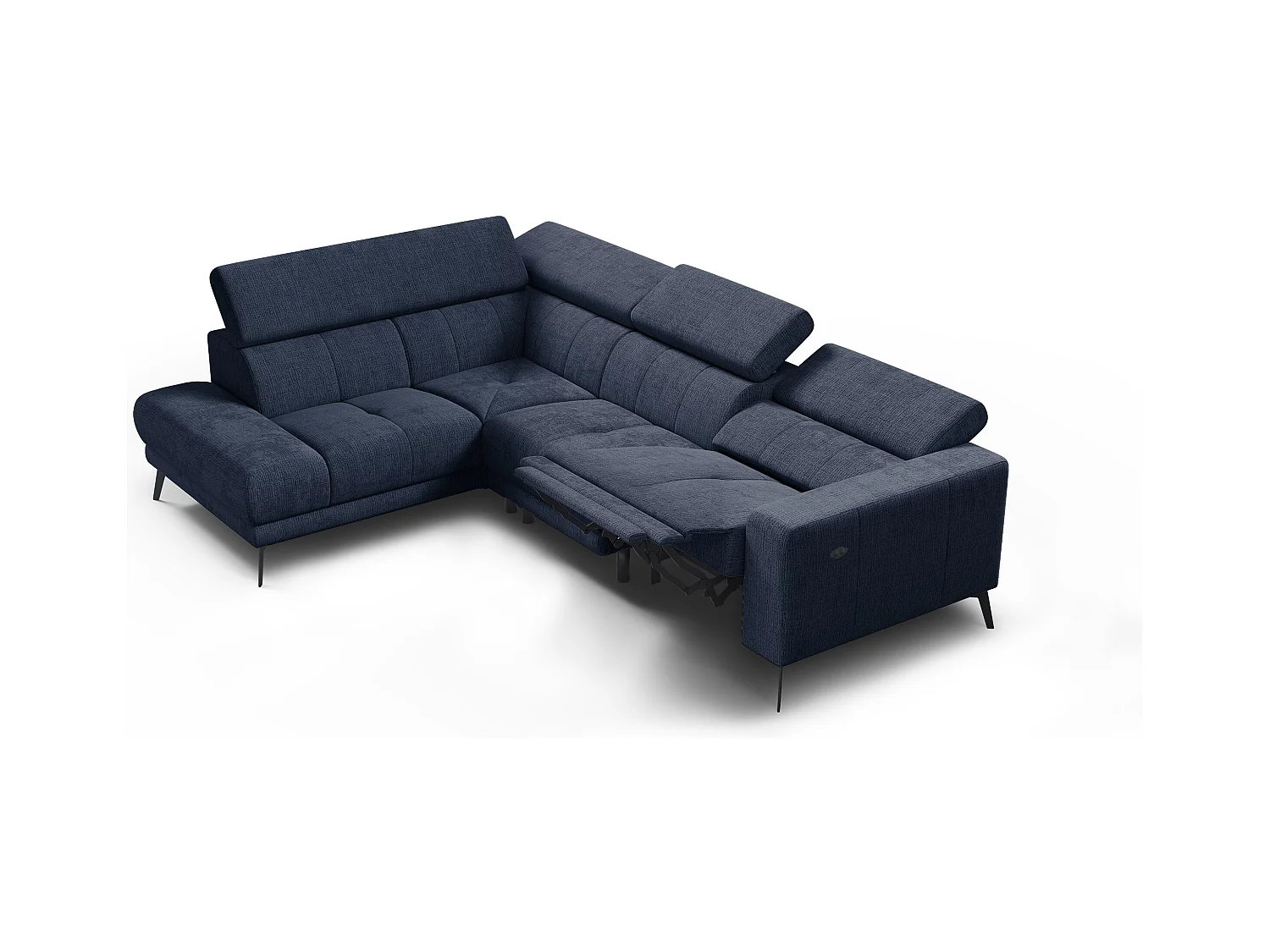 Canapé d'angle 5 places MORELLO avec 1 x Relax Zero Gravity, tissu bleu marine