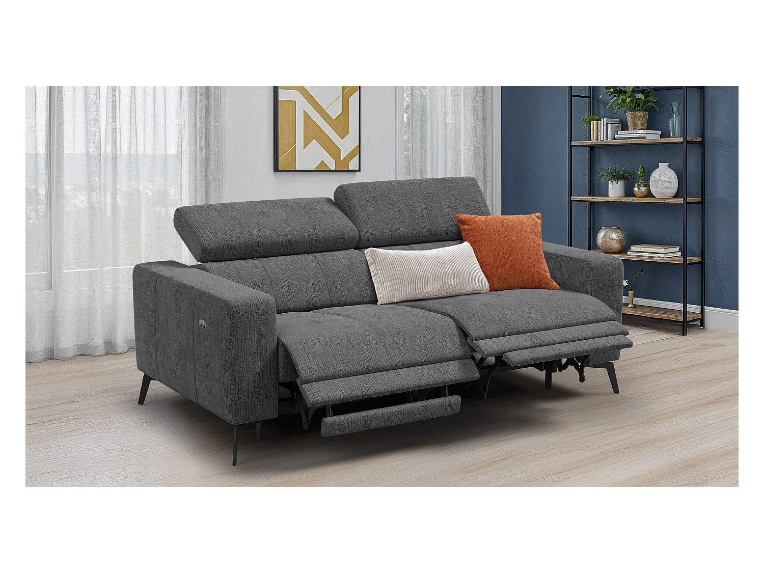 Canapé 3 places MORELLO avec 2 x Relax Zero Gravity, tissu gris foncé
