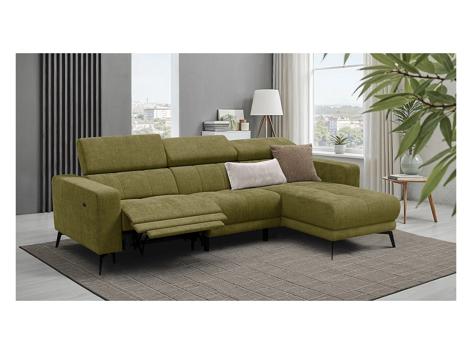 Canapé d'angle 4 places MORELLO avec 1 x Relax Zero Gravity, tissu olive