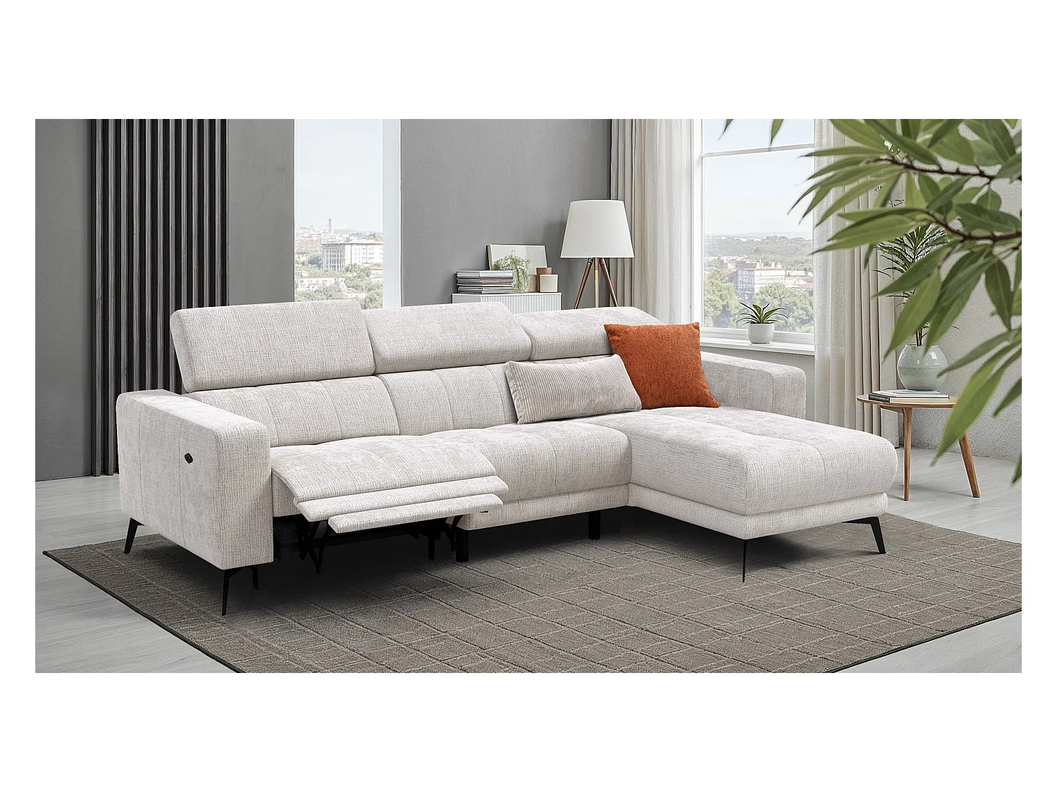 Canapé d'angle 4 places MORELLO avec 1 x Relax Zero Gravity, tissu crème