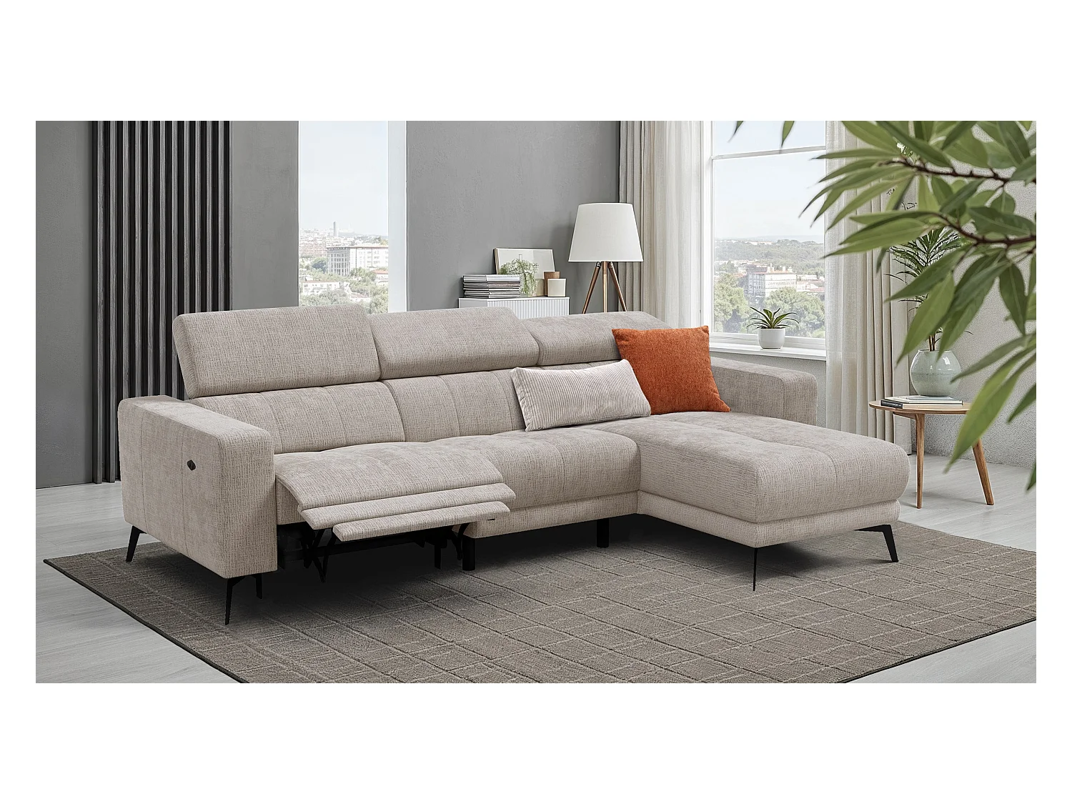 Canapé d'angle 4 places MORELLO avec 1 x Relax Zero Gravity, tissu beige