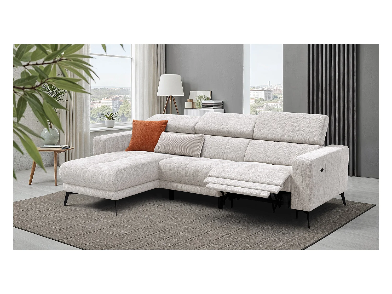 Canapé d'angle 4 places MORELLO avec 1 x Relax Zero Gravity, tissu crème