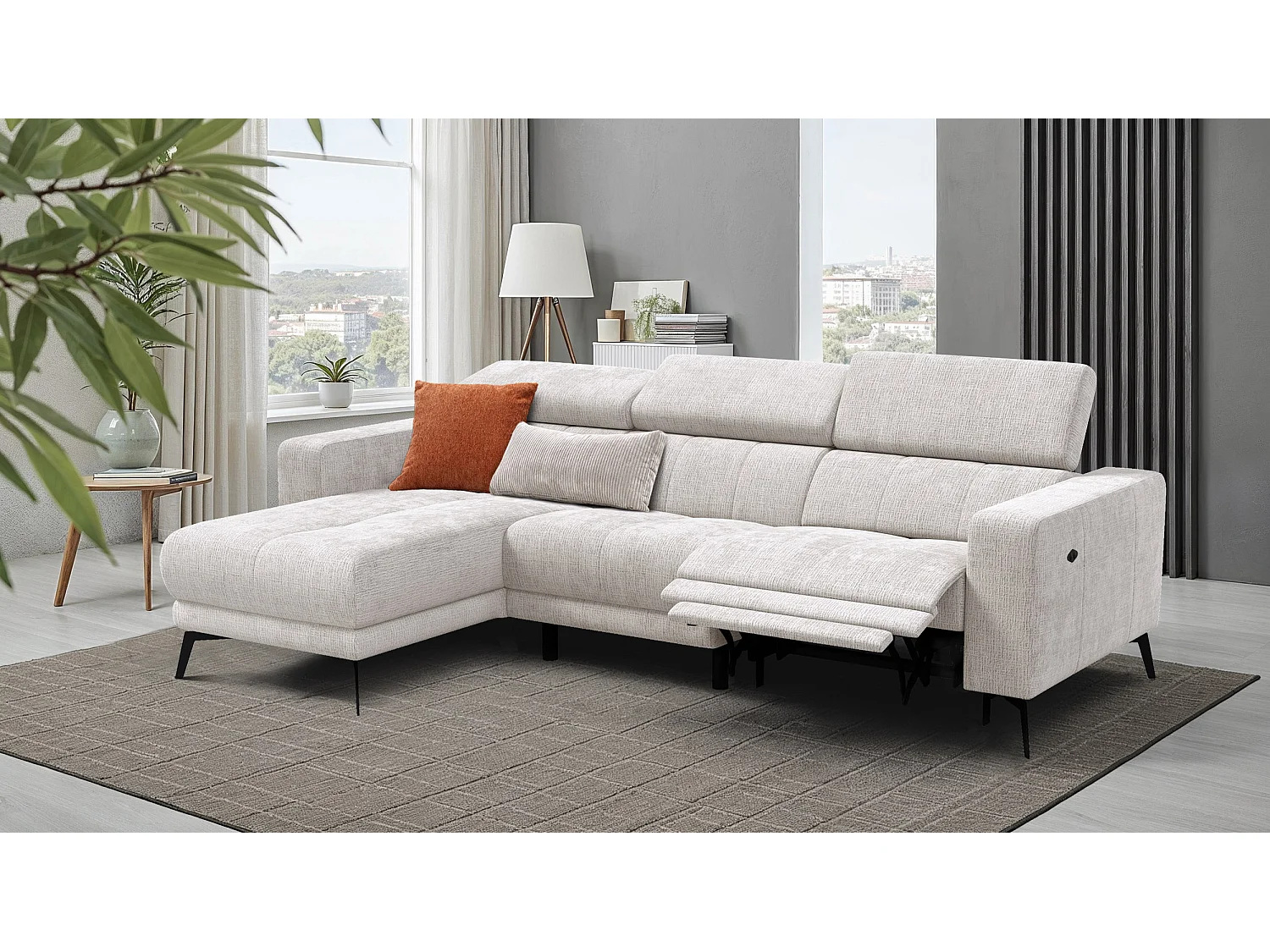 Canapé d'angle 4 places MORELLO avec 1 x Relax Zero Gravity, tissu crème