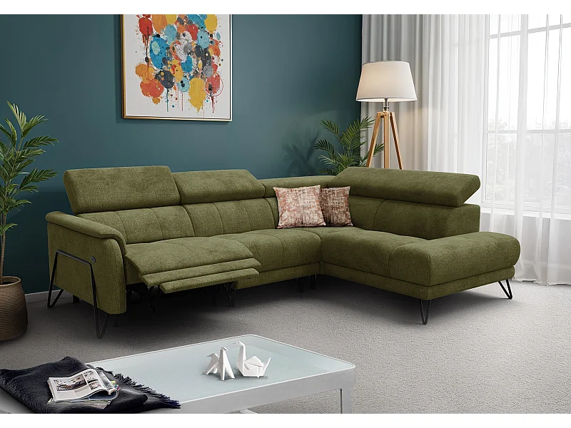 Canapé d'angle 5 places RODEN avec Relax, tissu olive