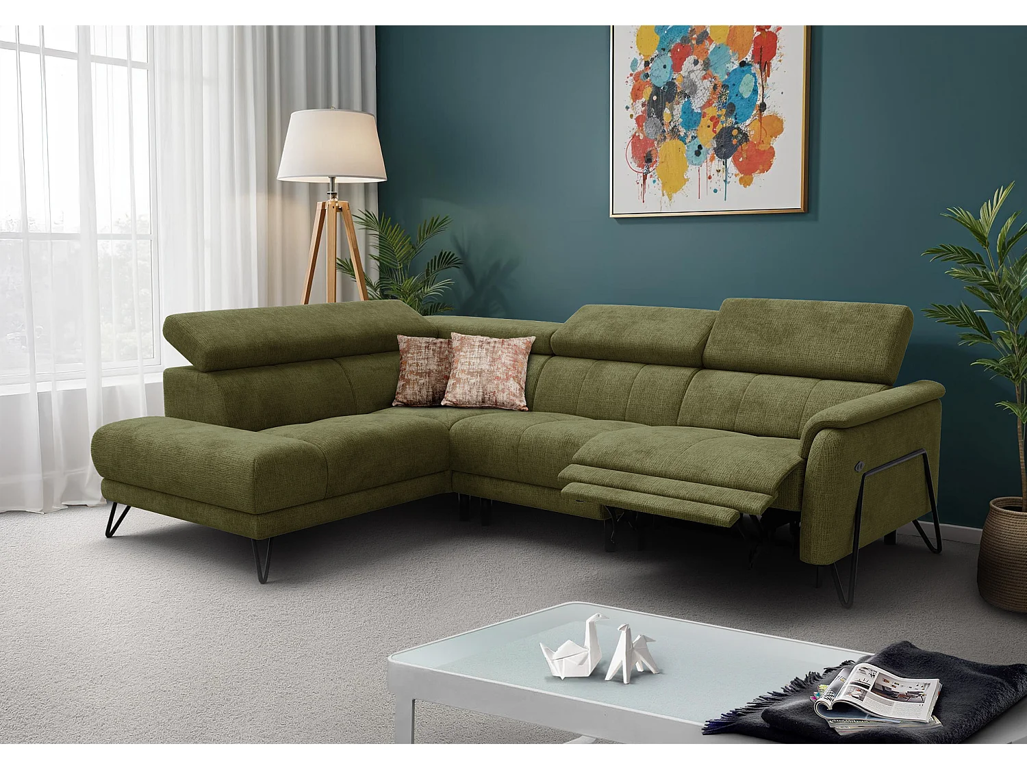 Canapé d'angle 5 places RODEN avec Relax, tissu olive