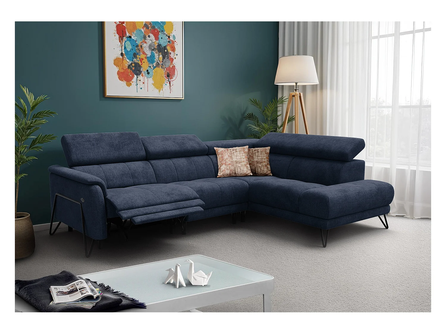 Canapé d'angle 5 places RODEN avec Relax, tissu bleu marine